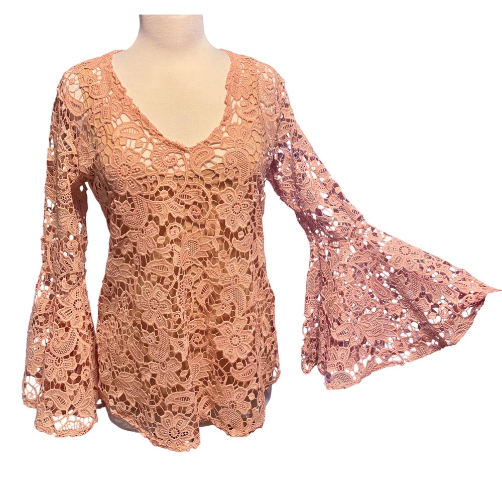 Julian Chang Lace Top Women Small Pink Excellent Bell Sleeve Floral 2pc Set